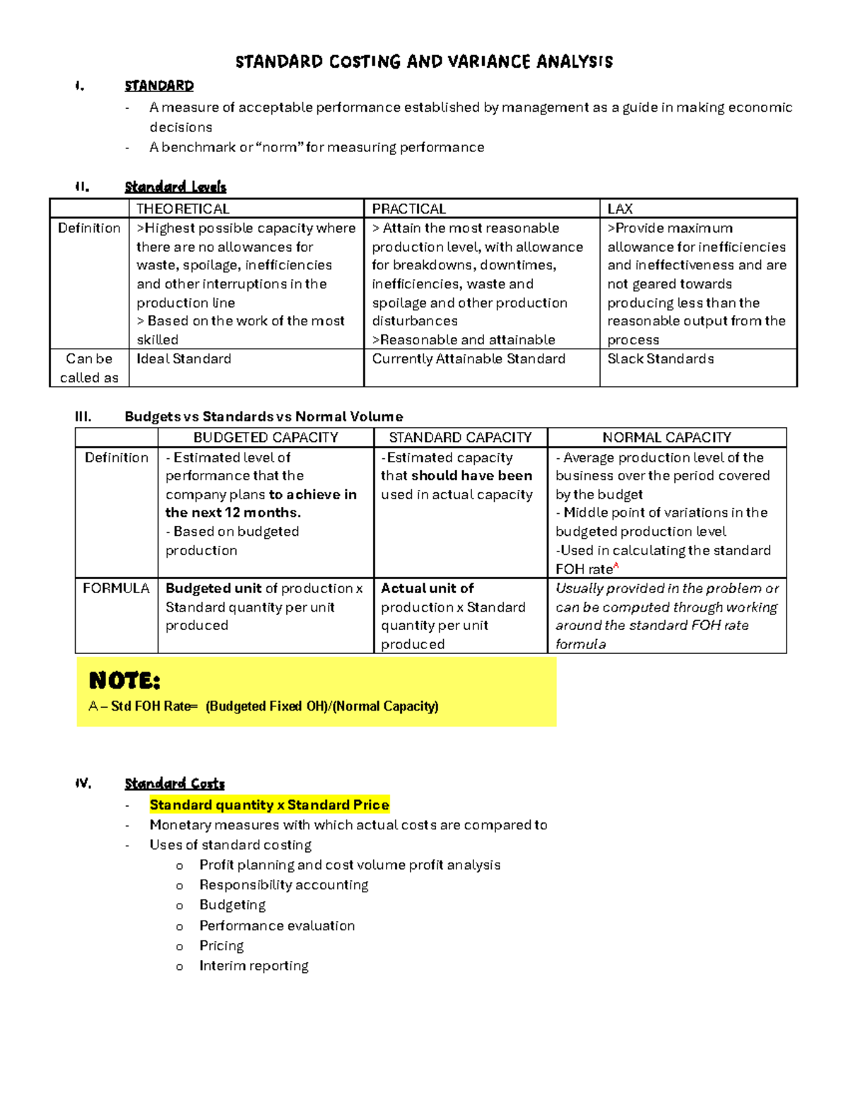 Standard Costing & Variance Analysis: Key Concepts & Definitions - Studocu
