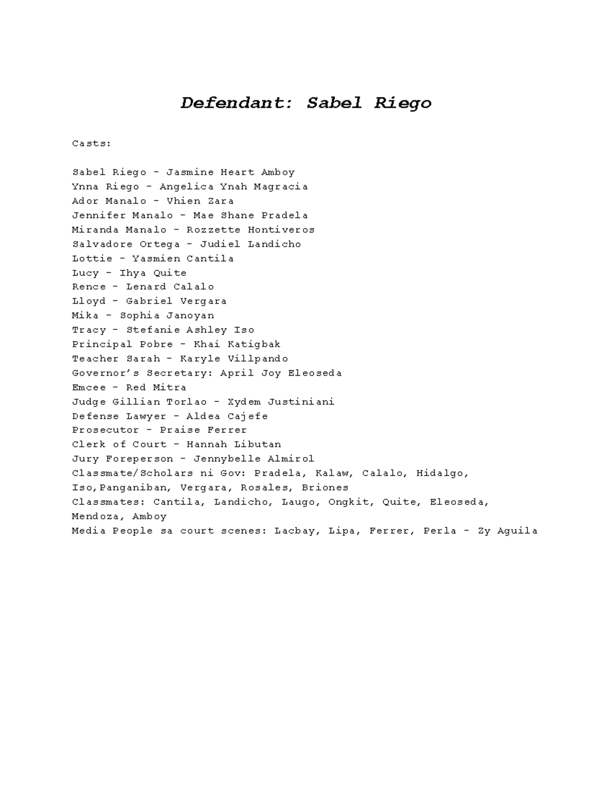 Defendant Sabel Riego Script - A Courtroom Drama ب - Studocu