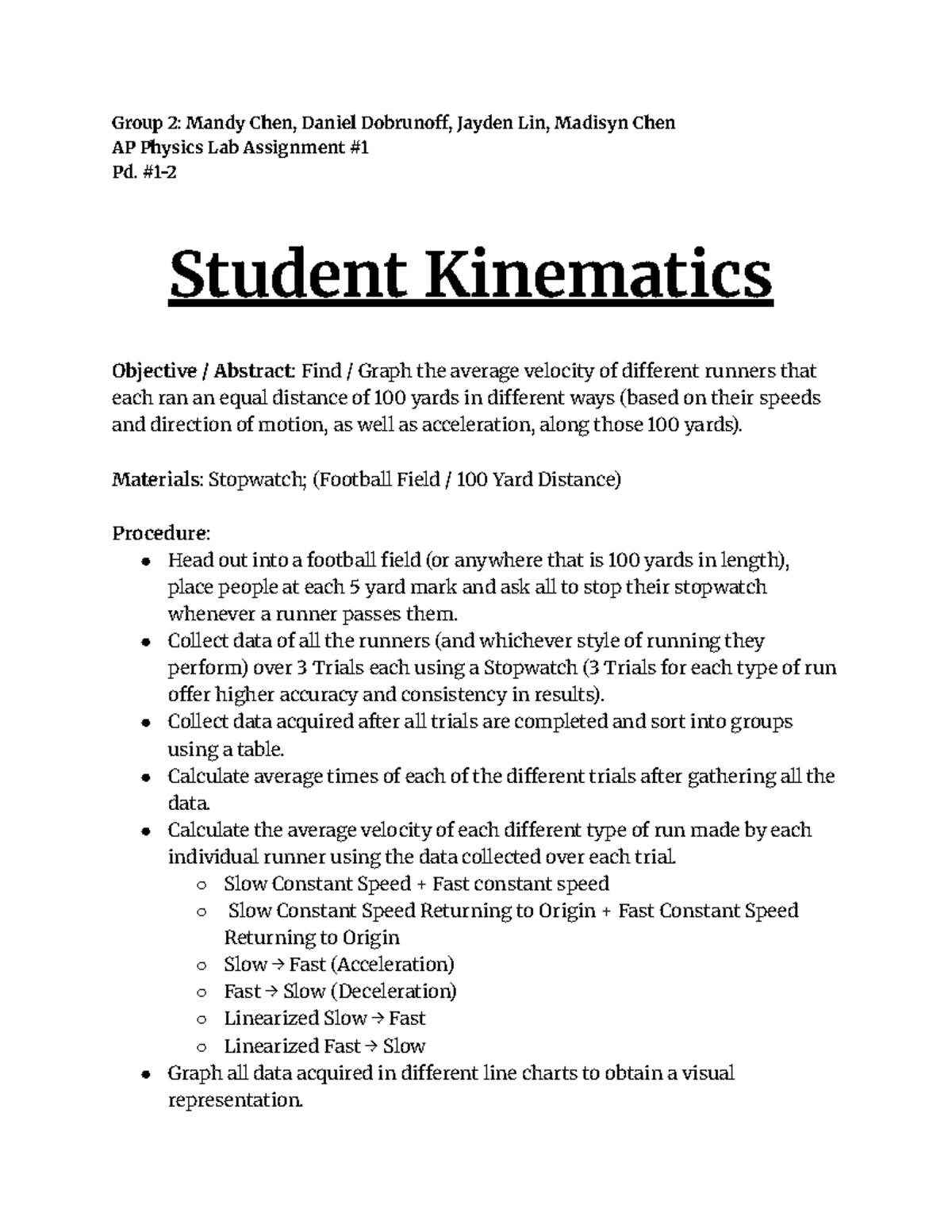 AP Physics Lab #1: Kinematics of Runners Over 100 Yards - Studocu