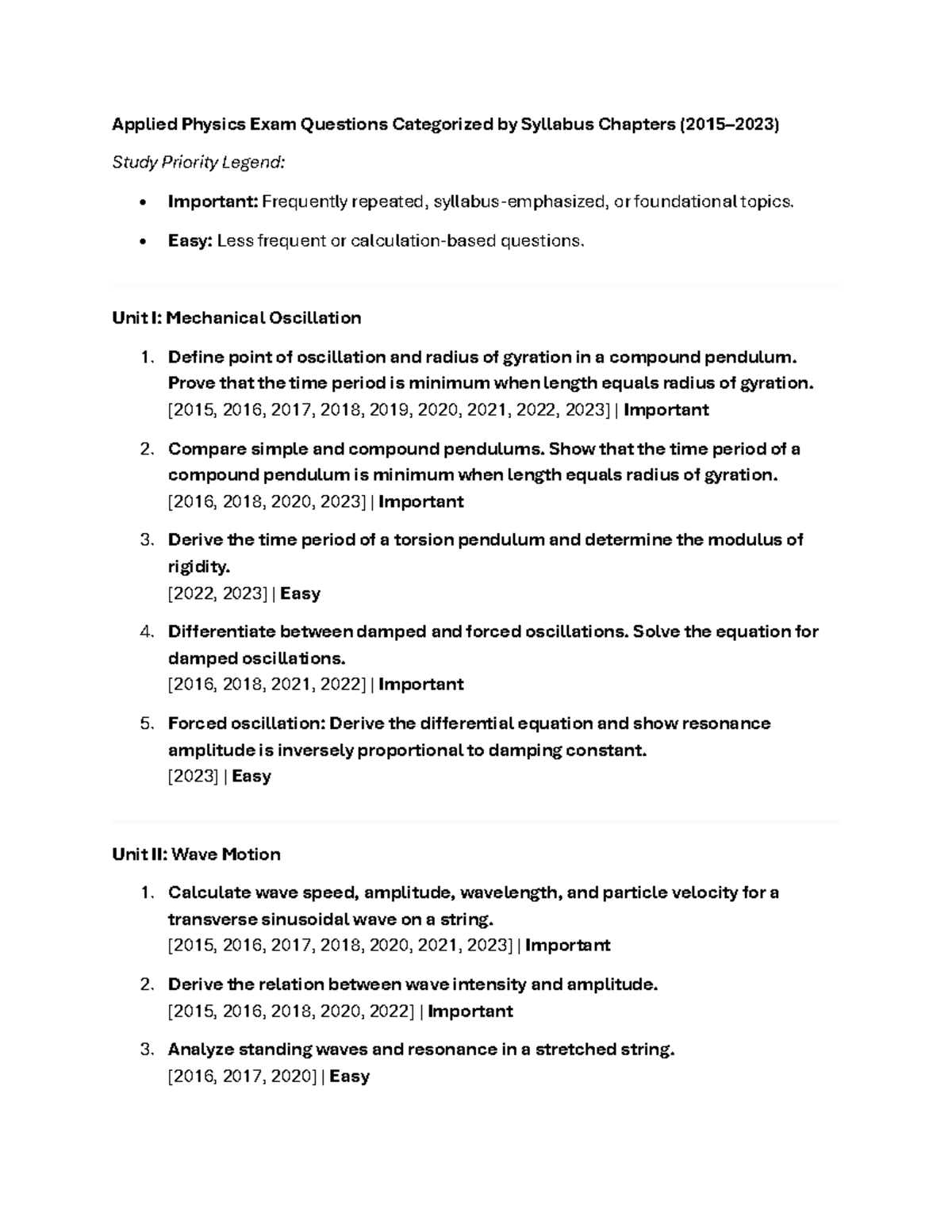 APD PHY 101: Categorized Questions for Exam (2015-2023) by Syllabus - Document Preview