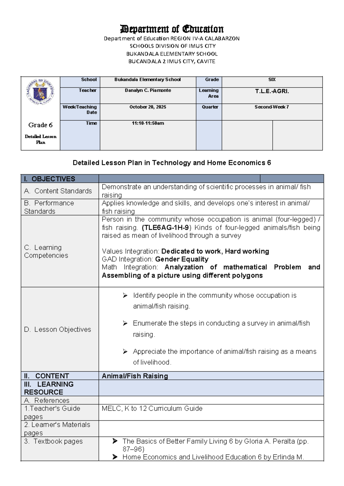 COT TLE 6 Q2 W7 - Detailed Lesson Plan in Technology and Home Economics ...