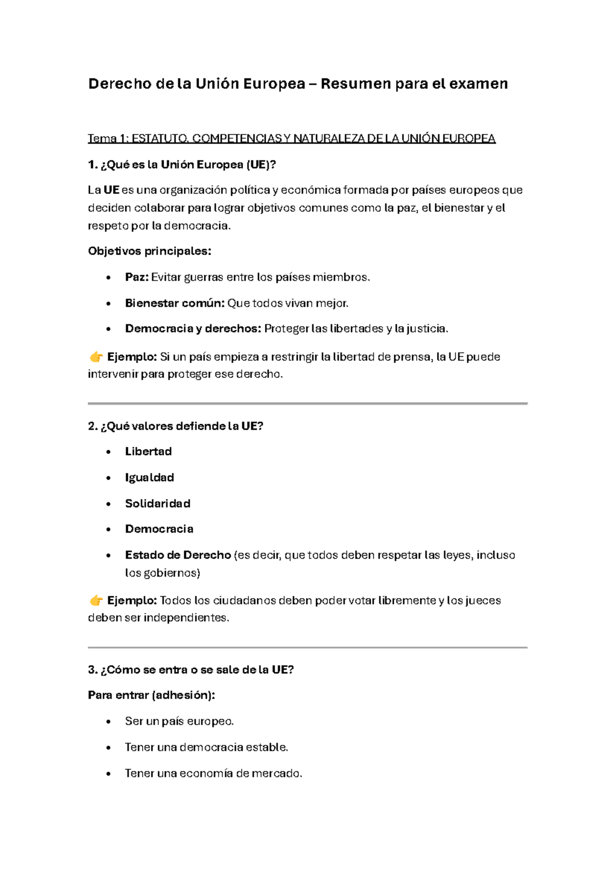 Derecho de la Unión Europea: Resumen para el Examen - Tema 1 y 2 - Studocu