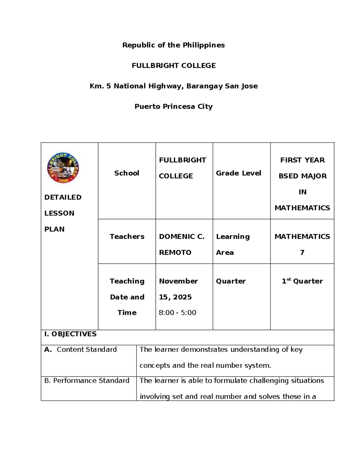 BSED MAJOR Mathematics 7 Lesson Plan: Understanding Cardinal Numbers ...