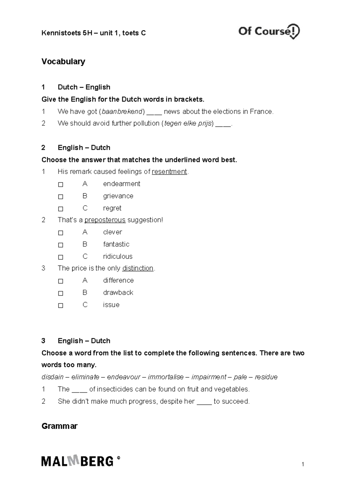 Oefentoets 5H Unit 1, Toets C Vocabulary & Grammar Practice - Studeersnel