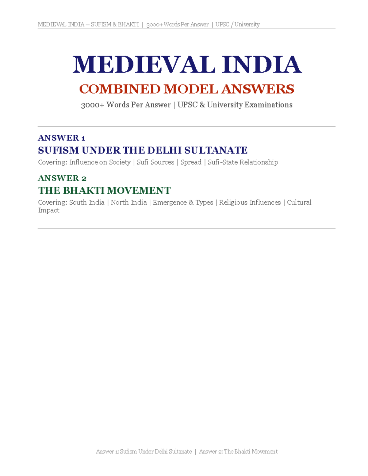 MEDIEVAL INDIA SUFISM & BHAKTI COMBINED ANSWERS UPSC - Studocu