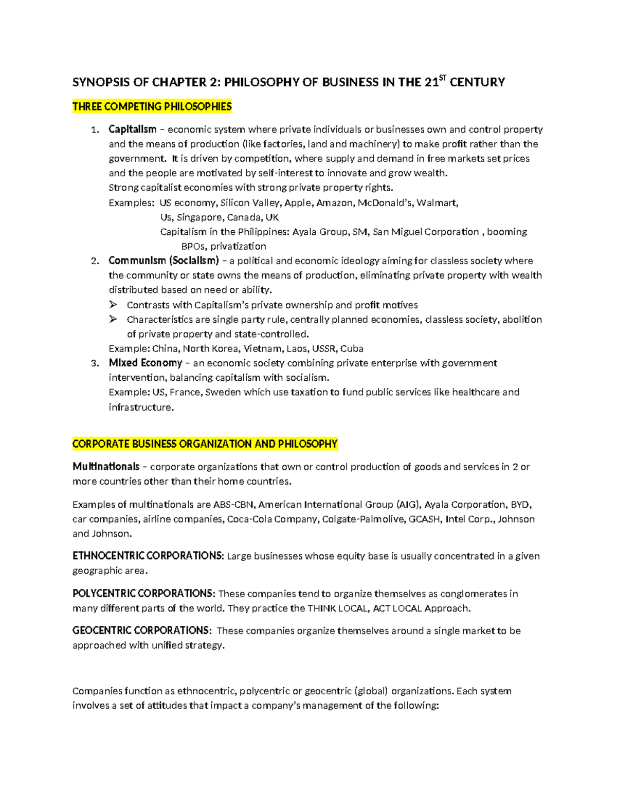 SYNOPSIS OF CHAPTER 2: PHILOSOPHY OF BUSINESS IN THE 21ST CENTURY - Studocu