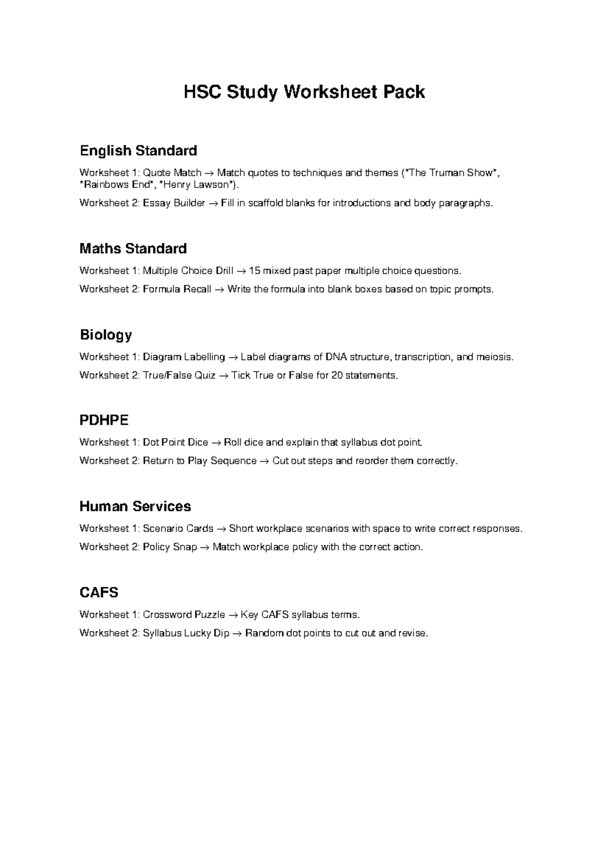 HSC Study Worksheet Pack: English, Maths, Biology, PDHPE, Human ...