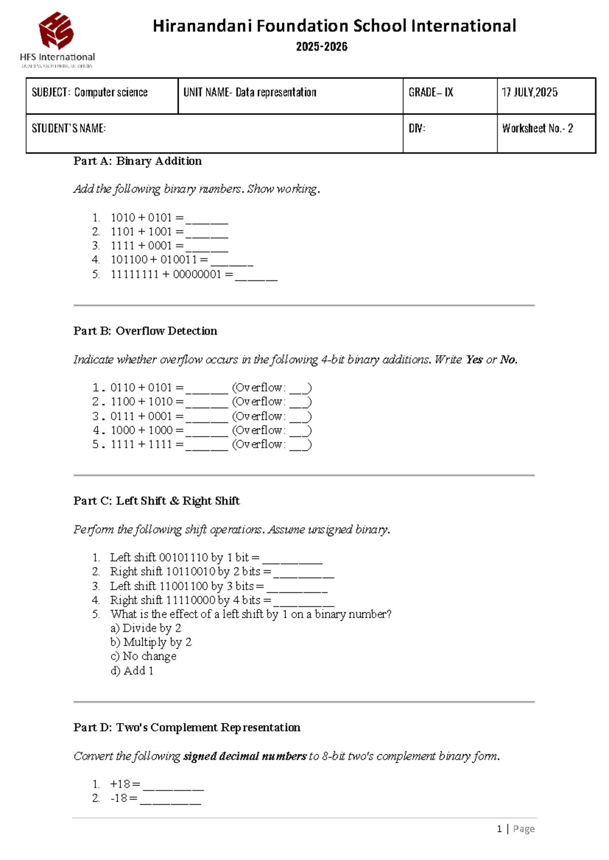 Computer Science IX: Data Representation Worksheet 2 - Studocu