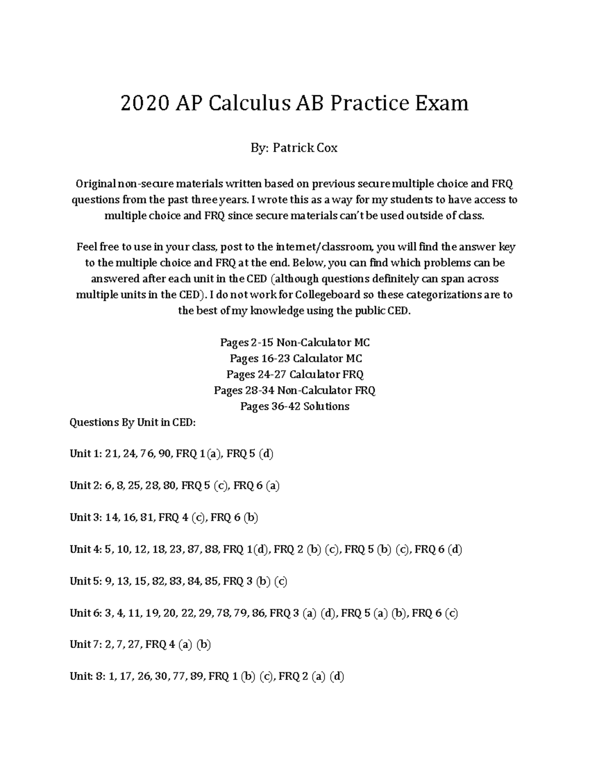 2020 AP Calculus AB Practice Exam: MC & FRQ Questions and Solutions ...