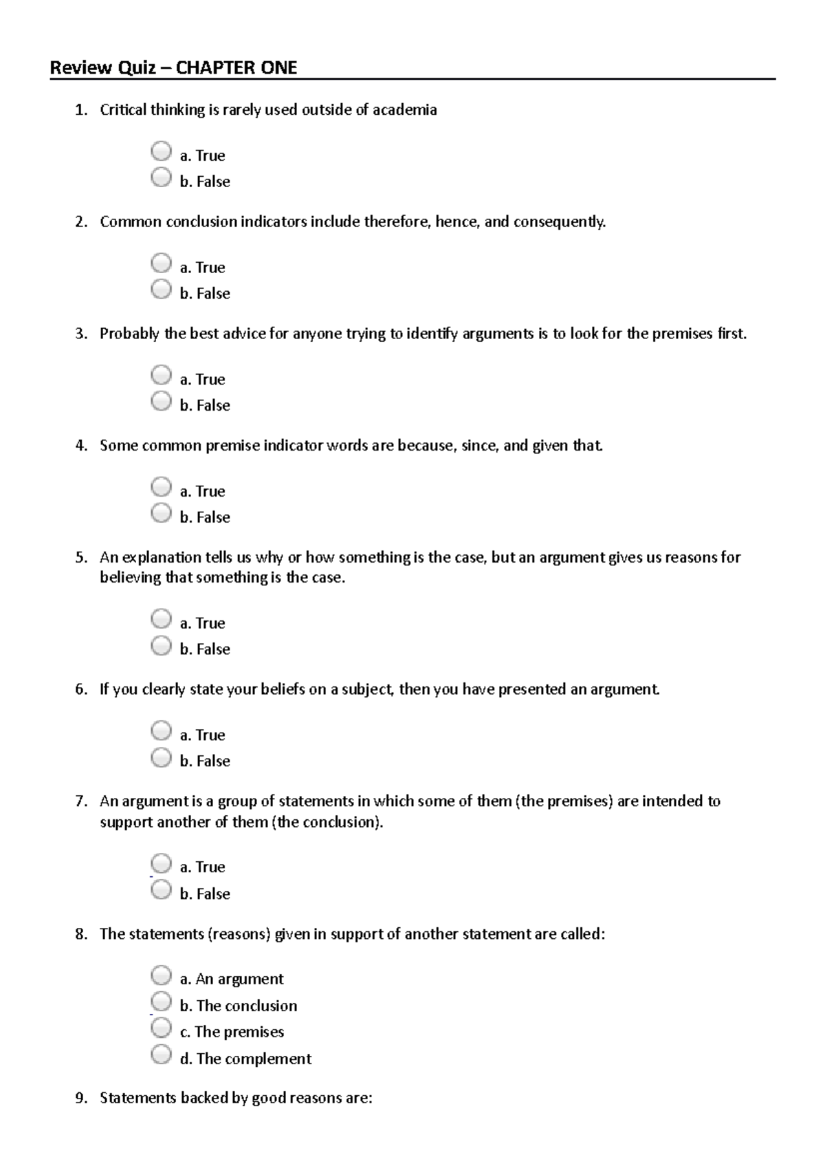 Review Quiz – Chapter 1: Critical Thinking Fundamentals - Studocu