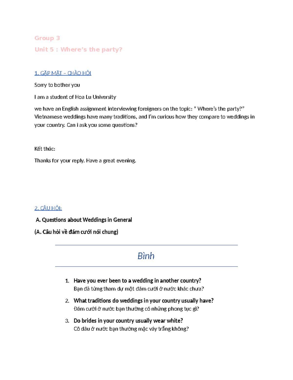 Group 3 Unit 5: Wedding Traditions Interview Questions - Studocu