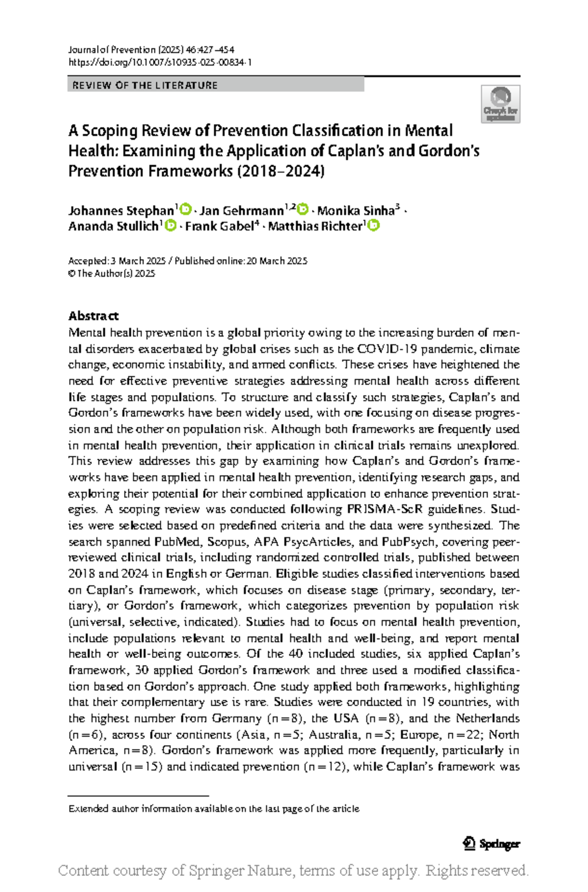 A Scoping Review of Prevention Frameworks in Mental Health (2025) - Studocu