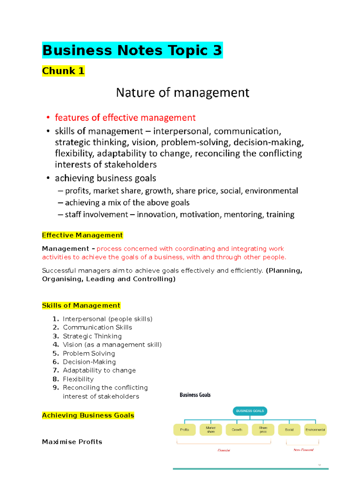 Nature of management notes - Business Notes Topic 3 Chunk 1 Effective ...