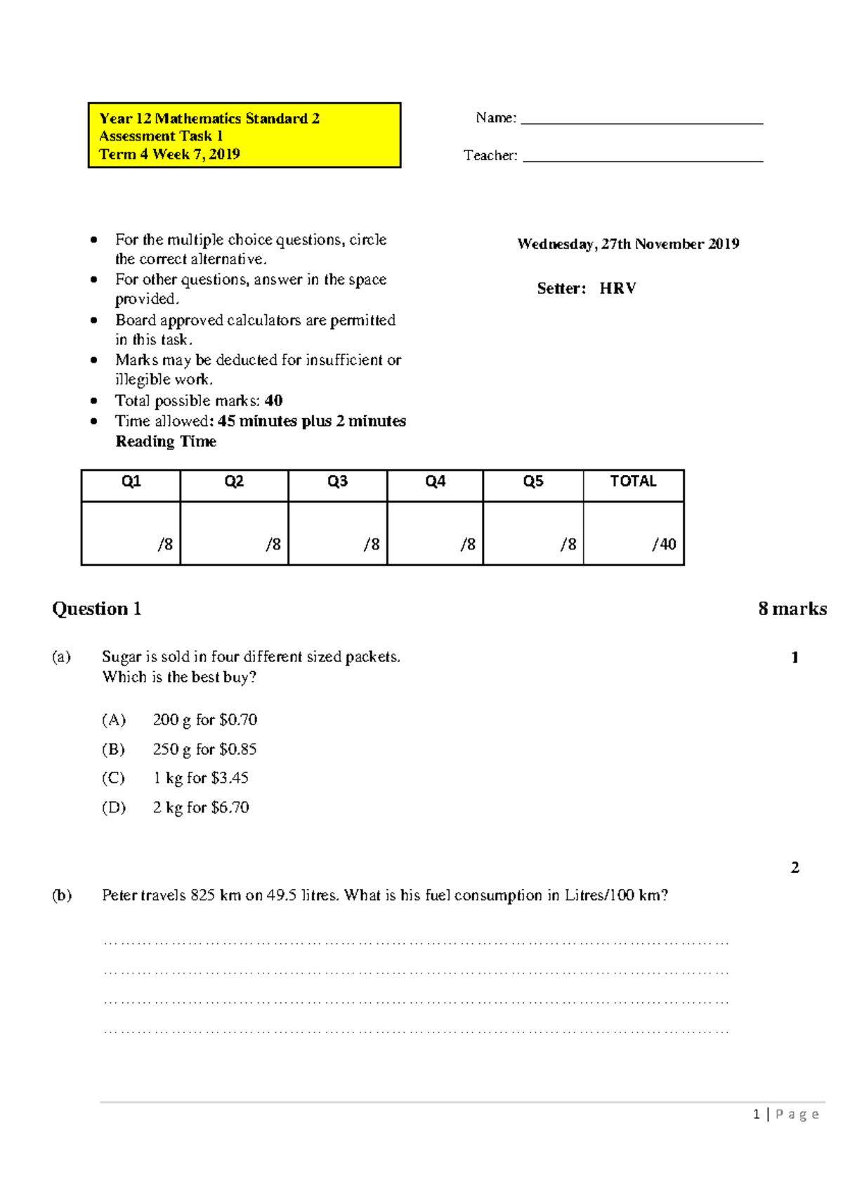 Year 12 Mathematics Standard 2 Assessment Task 1 - Term 4 2019 - Studocu