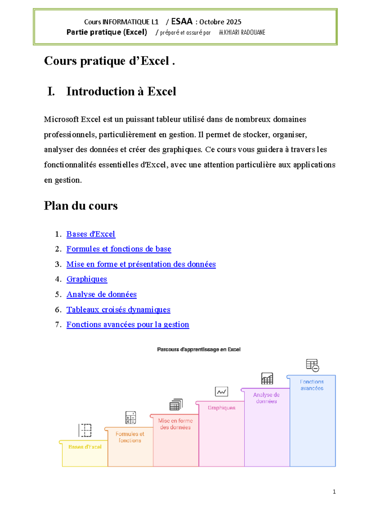 Cours INFORMATIQUE L1 ESAA : Pratique Excel - Octobre 2025 - Studocu