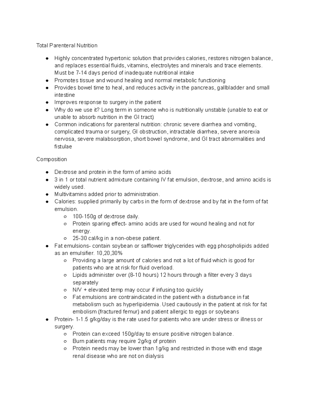TPN Overview: Indications, Composition, and Administration Guide - Studocu