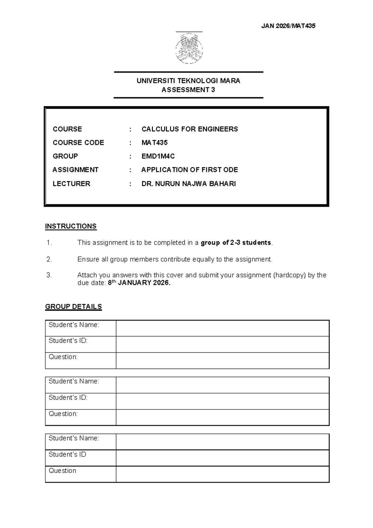 EMD1M4C Group Assignment: Applications of ODE in Calculus MAT435 - Studocu