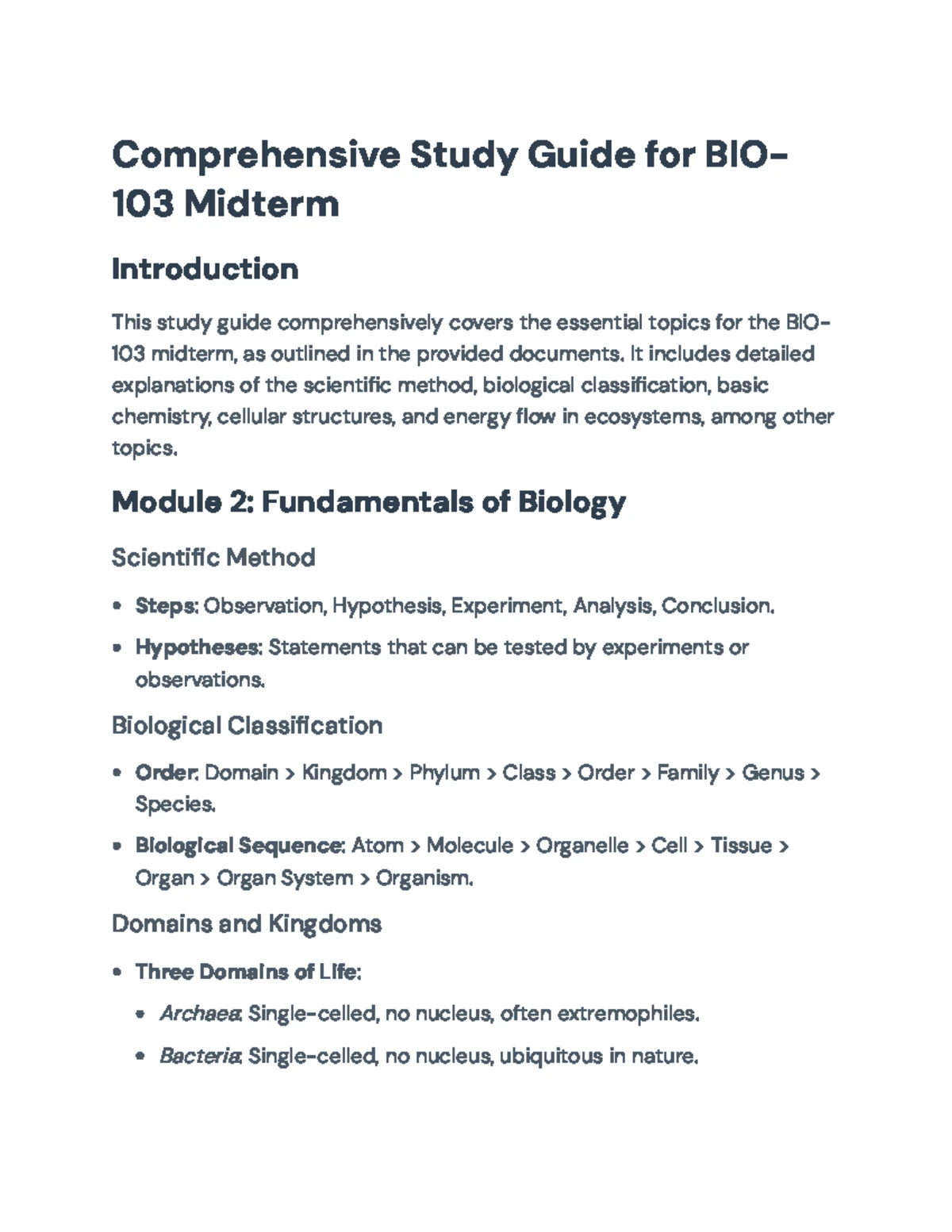 Comprehensive Study Guide for BIO-103 Midterm Exam: Key Concepts - Studocu