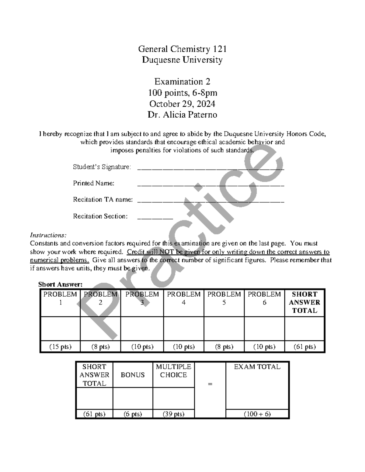 General Chemistry 121 Exam 2 Review - Duquesne University - Studocu