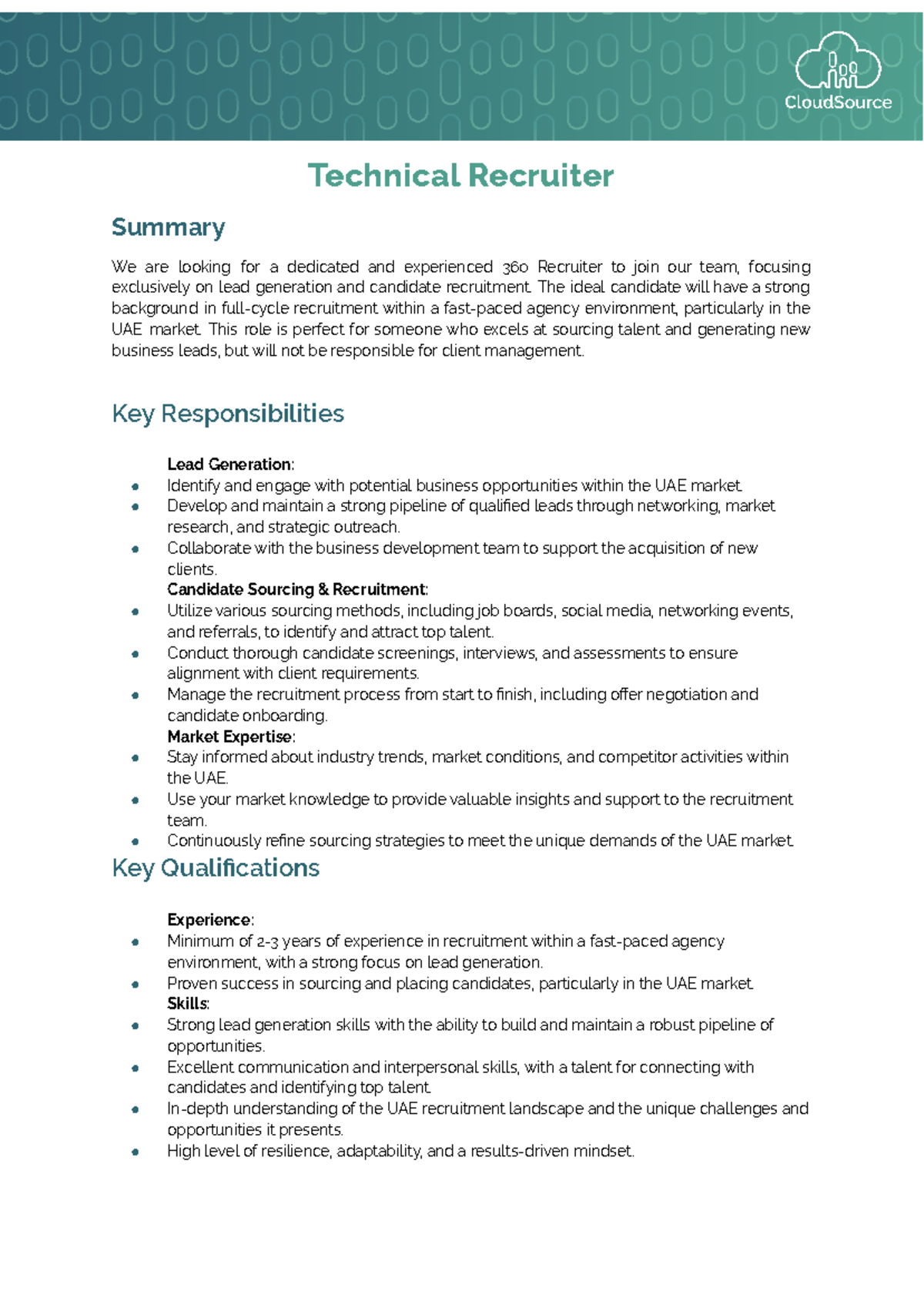 JD - Tech Recruiter - Lead Generation & Candidate Recruitment Guide ...