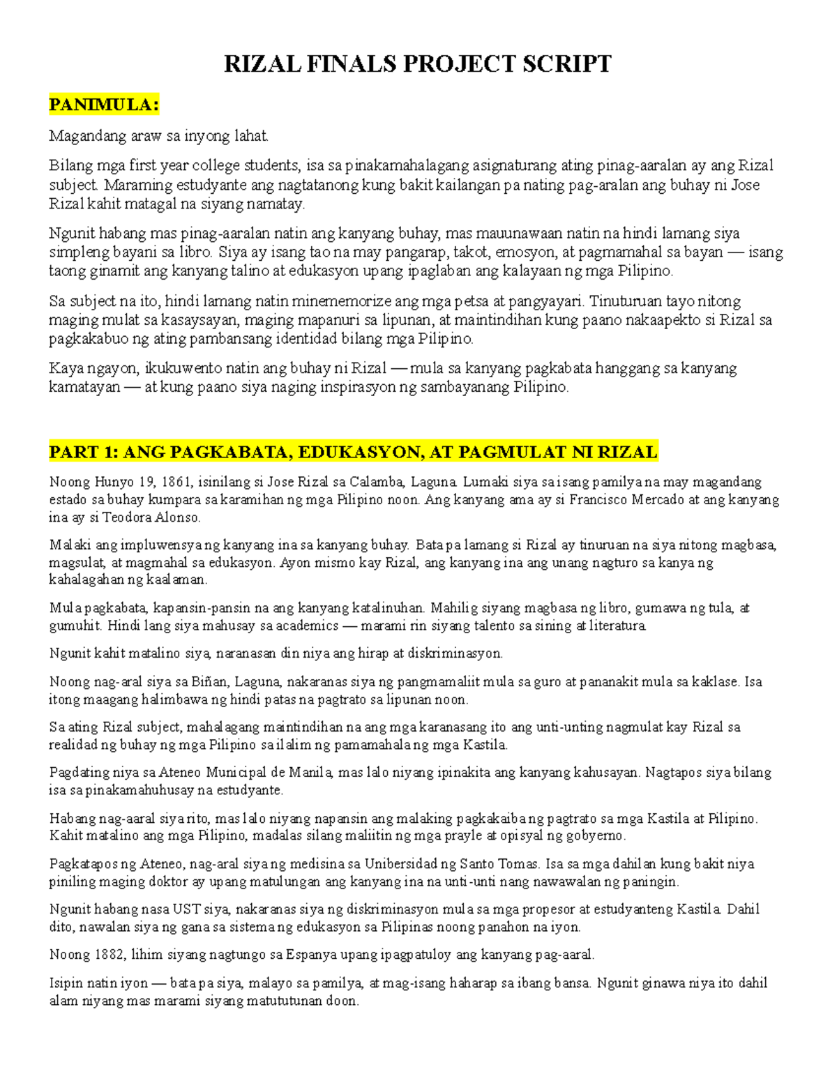 RIZAL 101: Final Project Script on Rizal's Life and Legacy - Studocu