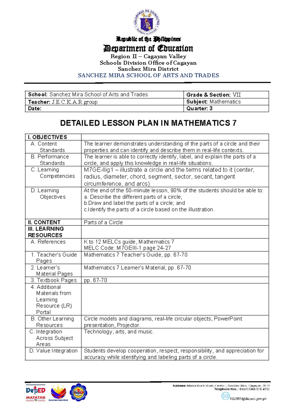 Detailed Lesson Plan in Mathematics 7: Parts of a Circle - Studocu