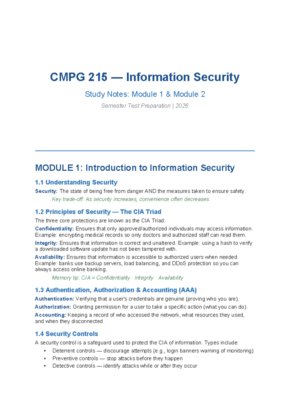 CMPG 215 Information Security Study Notes: Modules 1 & 2 Test Prep 2026 ...