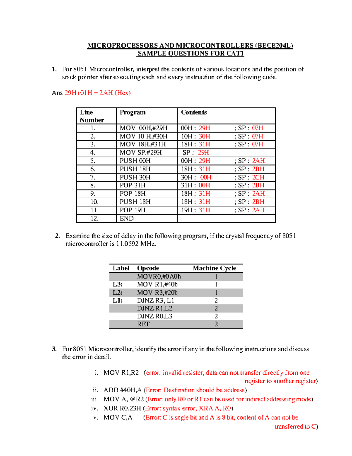 BECE204L Microprocessors & Microcontrollers Sample CAT Questions - Studocu