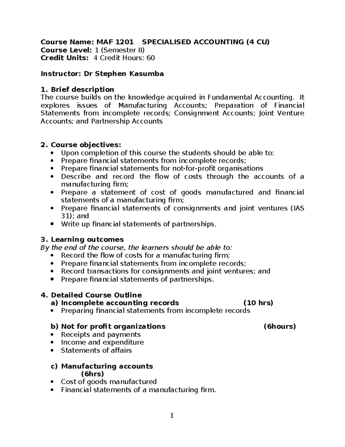 MAF 1201 Specialised Accounting Course Outline 2025 - Studocu
