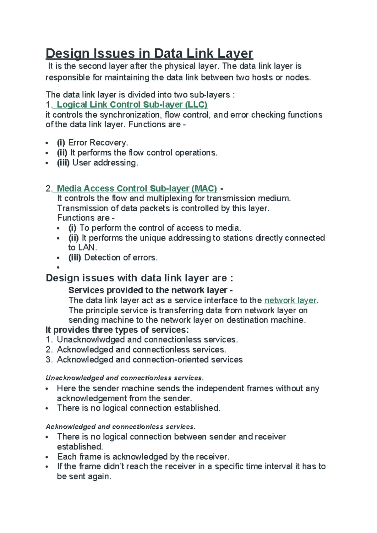 Design Issues in Data Link Layer: Key Concepts and Functions - Studocu