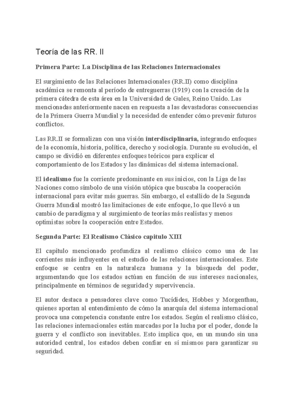 1ER Parcial: Teoría de las RRII y el Realismo Clásico - Studocu