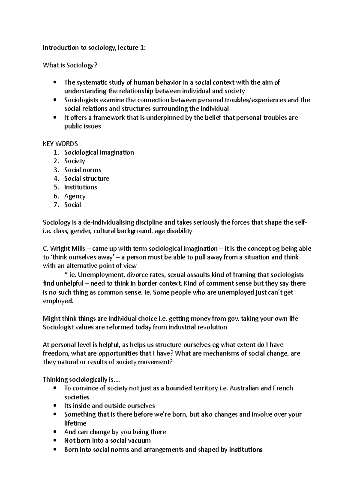 SOCI1000 Lecture Notes: Week 1 - Introduction to Sociology Concepts ...