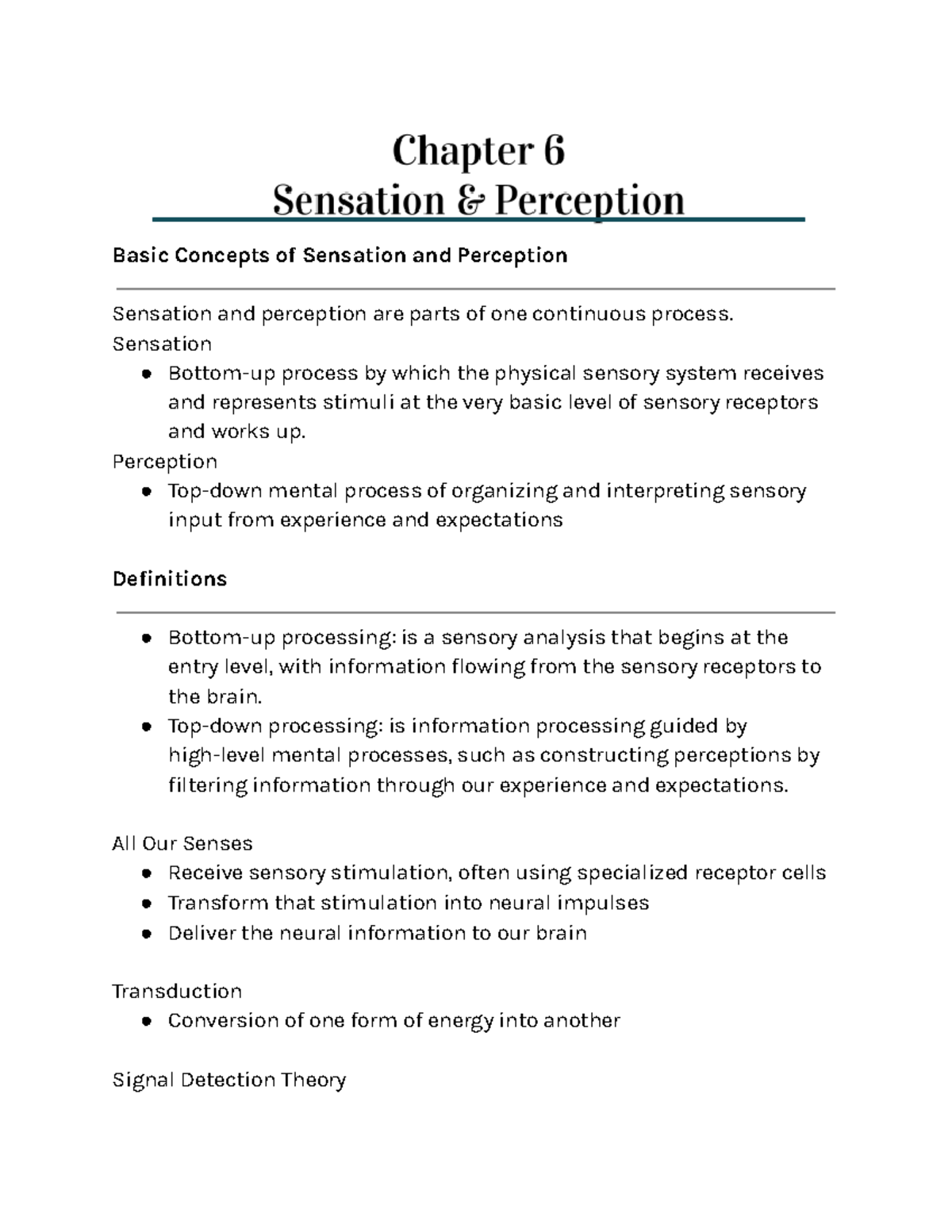 Psychology 6: Overview of Sensation and Perception Concepts - Studocu