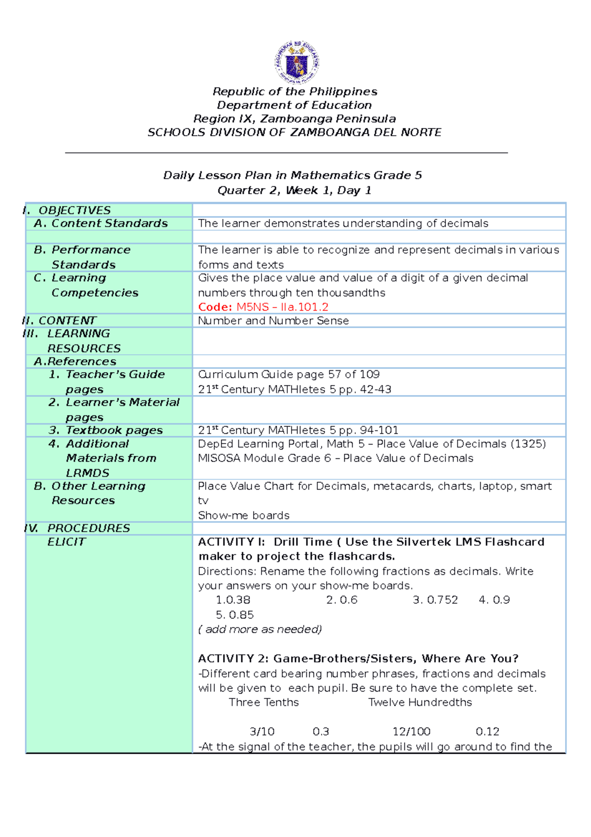 Q2-MATH5-WK1-DAY1 - Grade 5 Lesson Plan on Decimals and Place Values ...