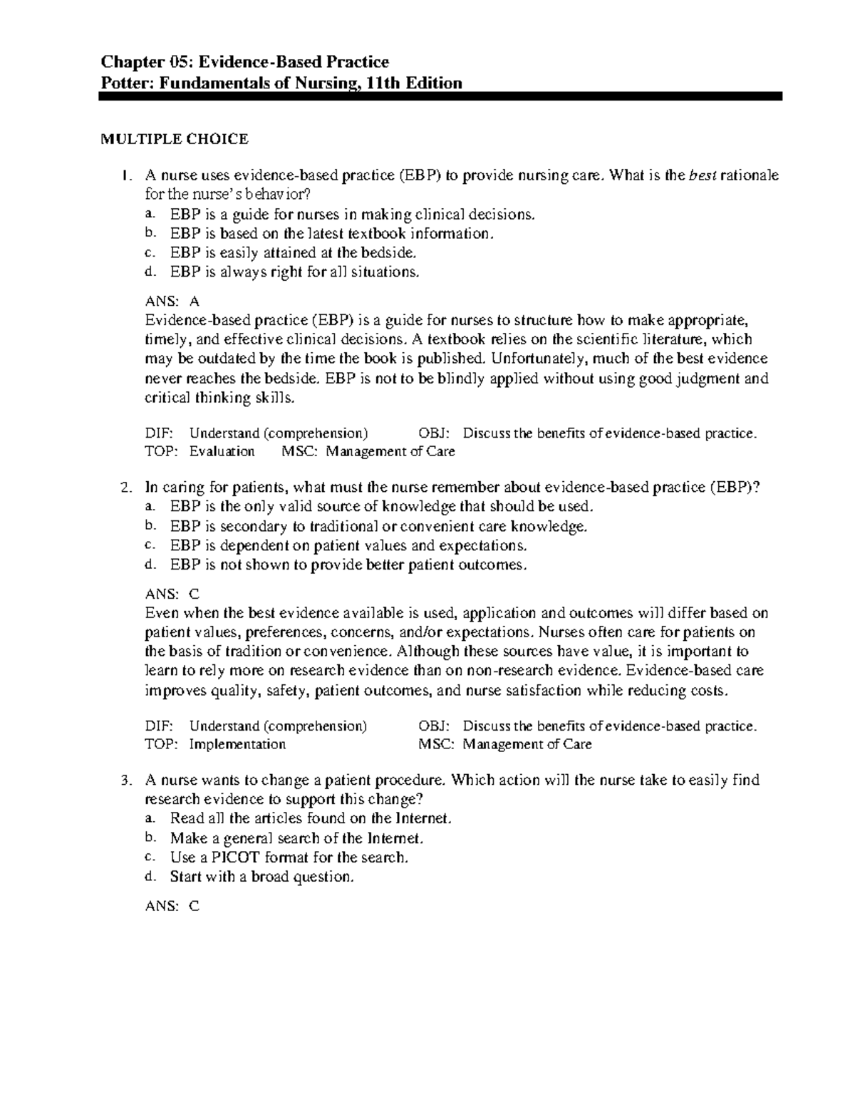 05 - EBP Practice Questions for Nursing Fundamentals Exam - Studocu