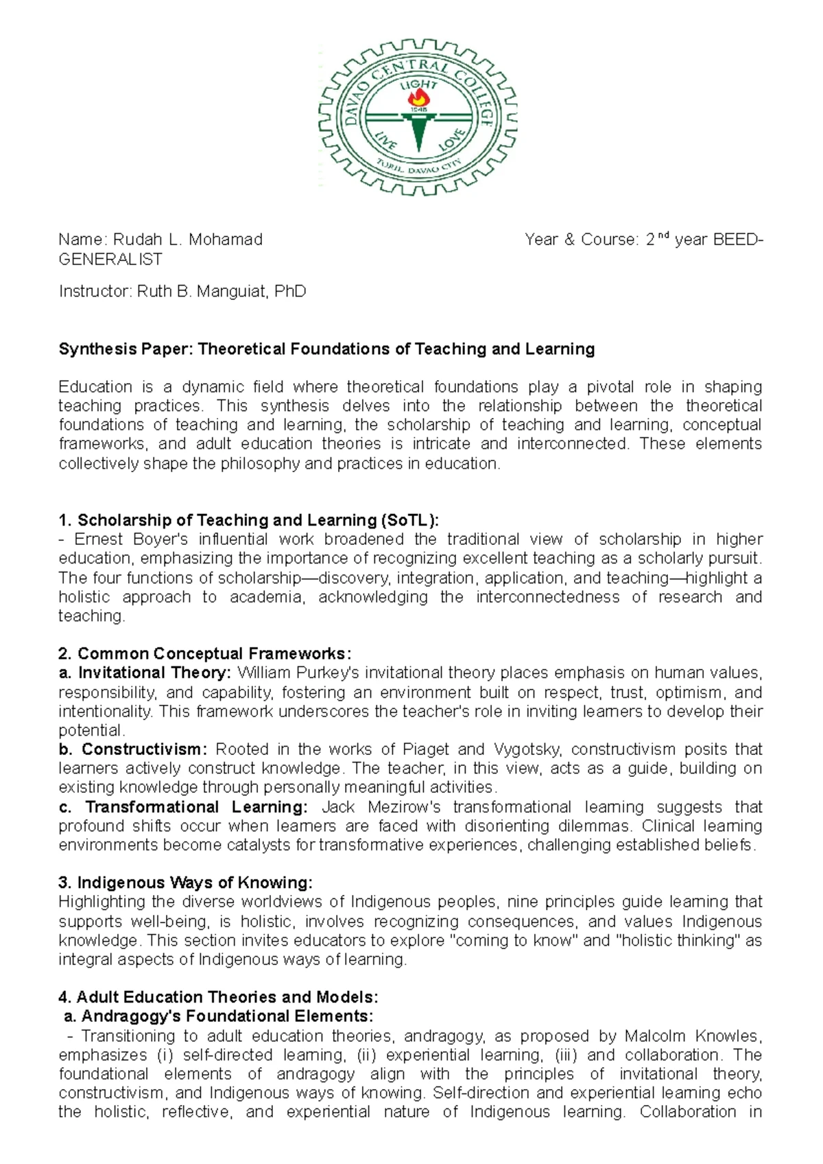 PED 6 Synthesis Paper - Benefits and Challenges of Learner-Centered Ed ...