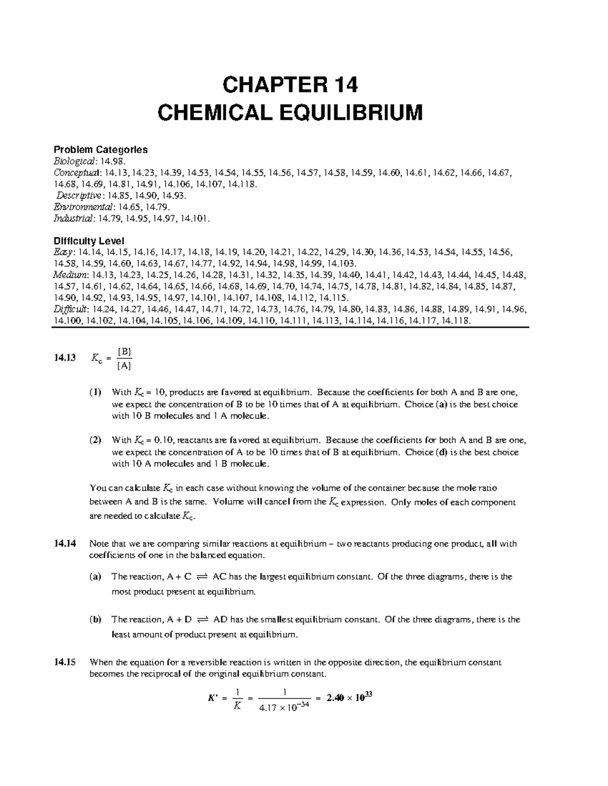 CHAPTER 14 CHEMICAL EQUILIBRIUM Problem Categories & Solutions - Studocu