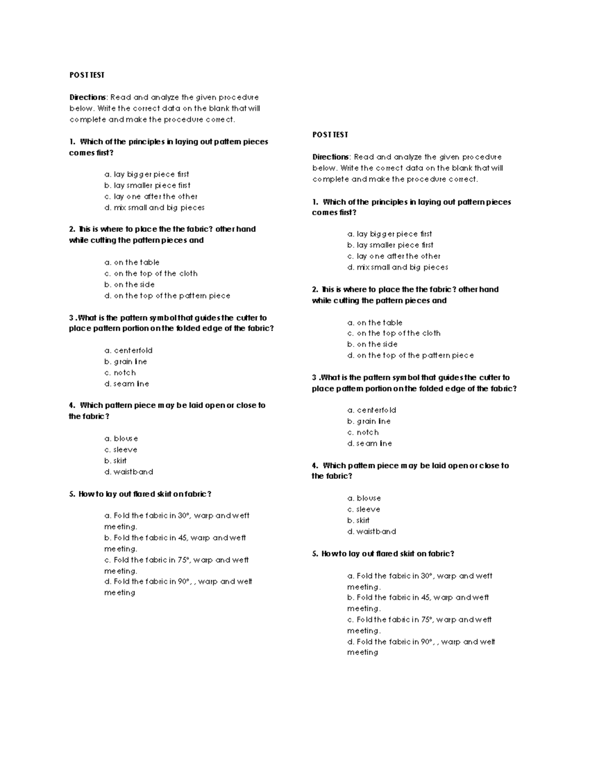 POST TEST - SDS: Analyzing Pattern Layout Procedures - Studocu