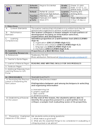 RW W6 - reading and writing - DAILY LESSONPLAN Schools Division Negros ...