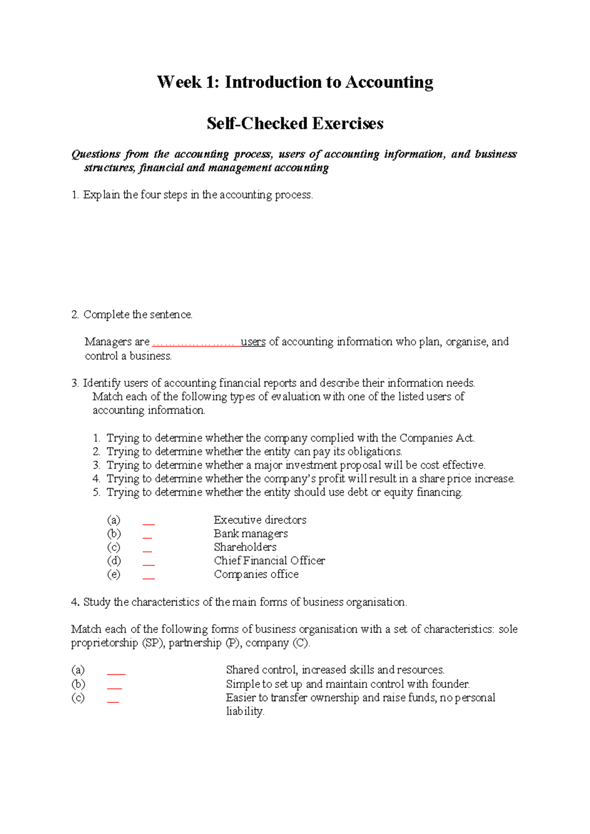 Week 1: Intro to Accounting Exercises (ACC101) - Studocu