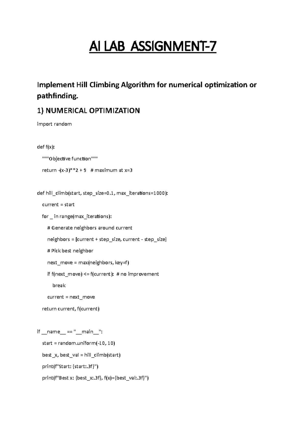 AI LAB Assignment 7: Hill Climbing Algorithm for Optimization - Studocu