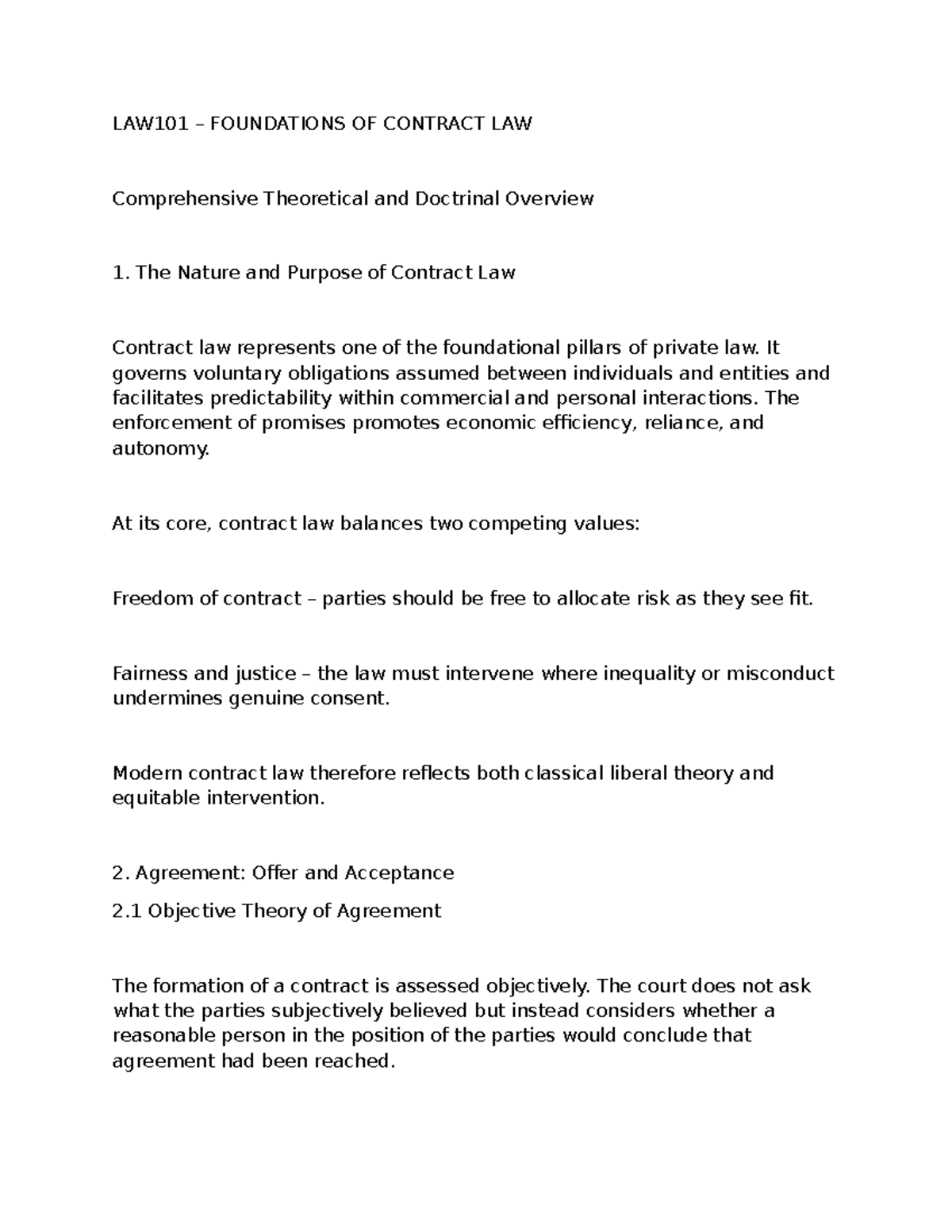 LAW101 FOUNDATIONS OF CONTRACT LAW Comprehensive Overview - Studocu