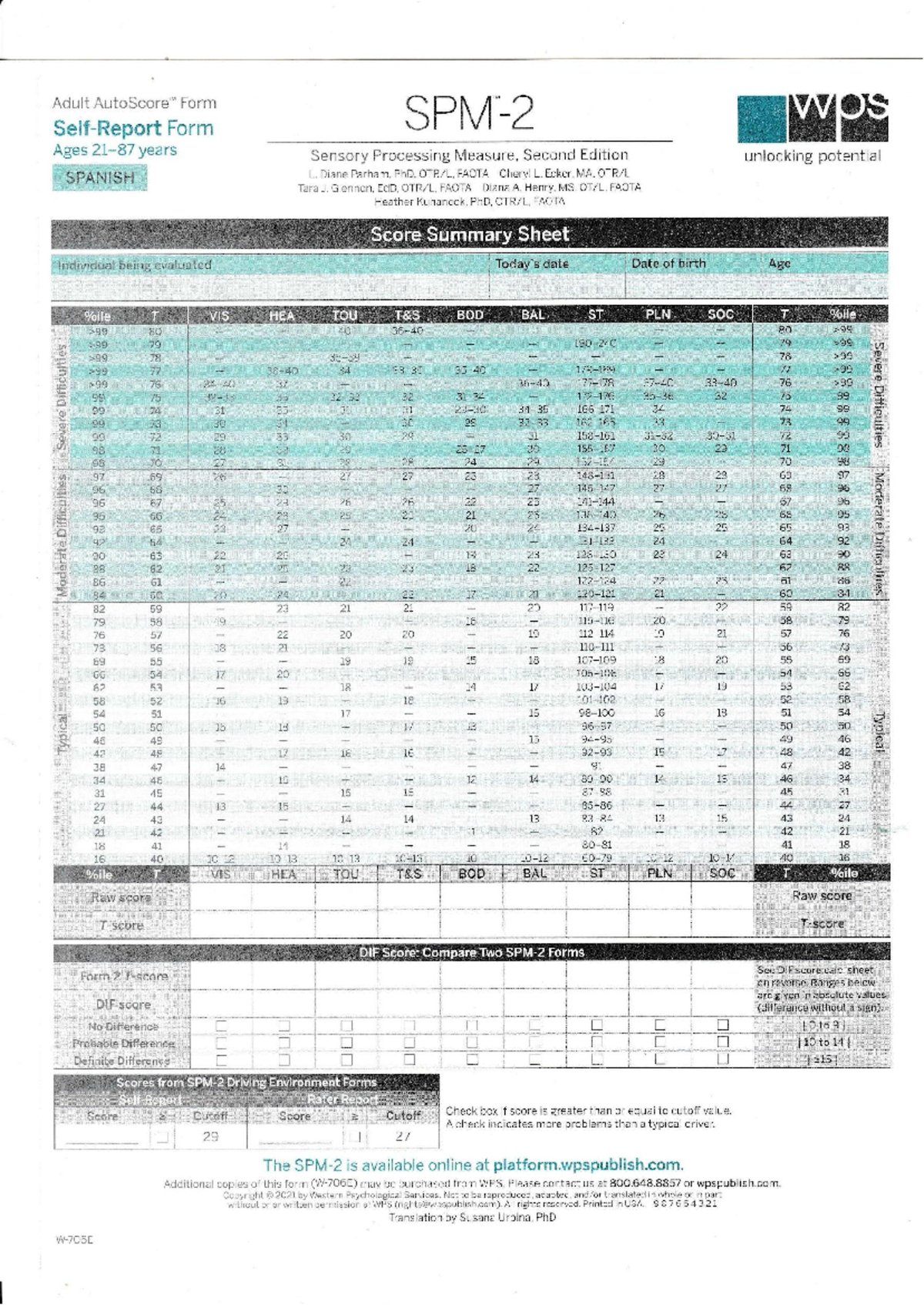 Adult Form WOS: Sensory Processing Measure Summary (Spanish) - Studocu
