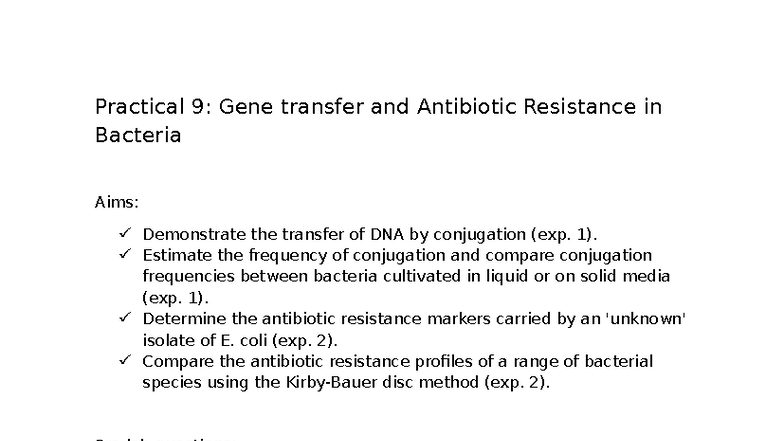 Practical 9: Gene Transfer & Antibiotic Resistance in Bacteria - Studocu