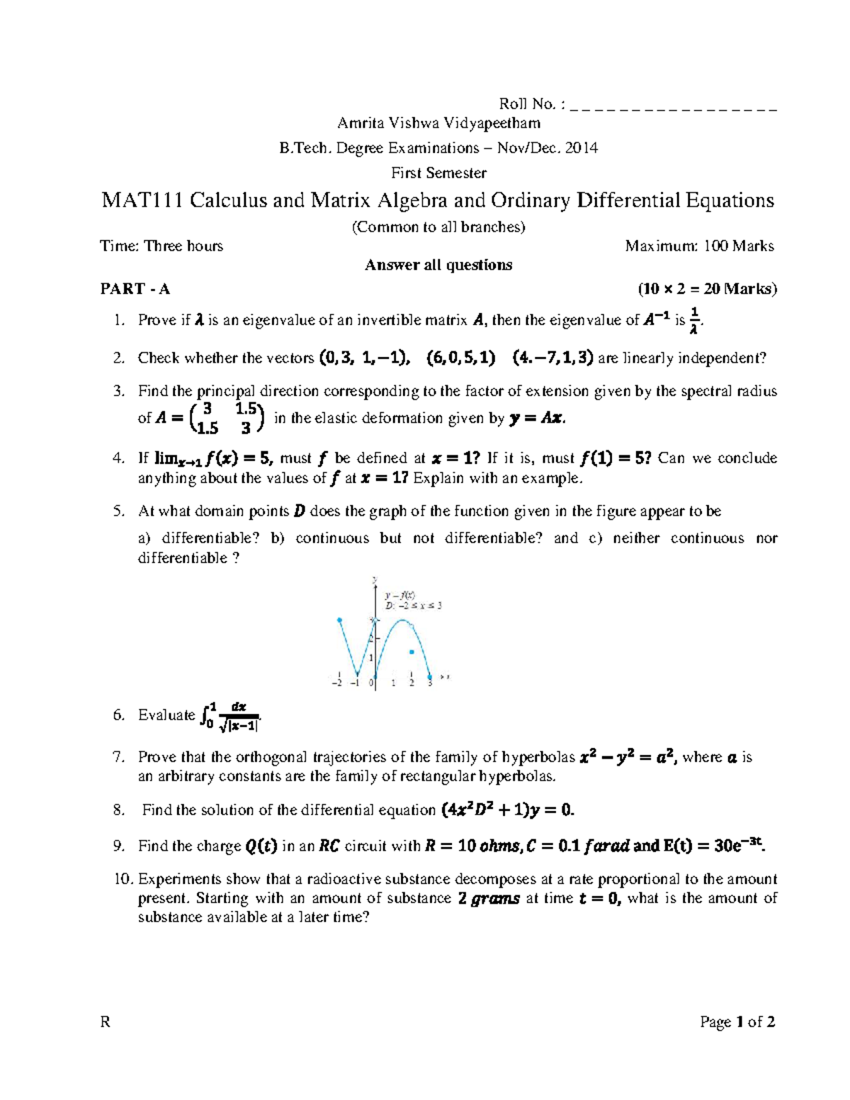 MAT111 - B.Tech. First Sem Exam: Calculus & Matrix Algebra - Studocu
