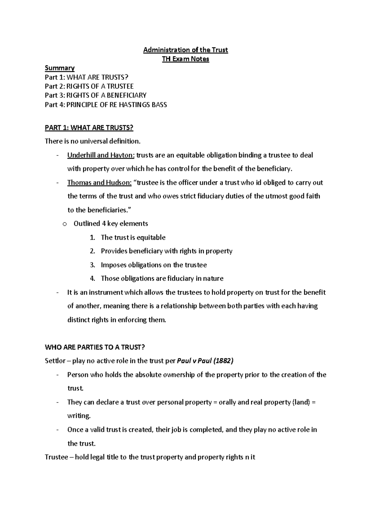 Equity and Trusts: TH Exam Notes on Trust Law Principles - Studocu