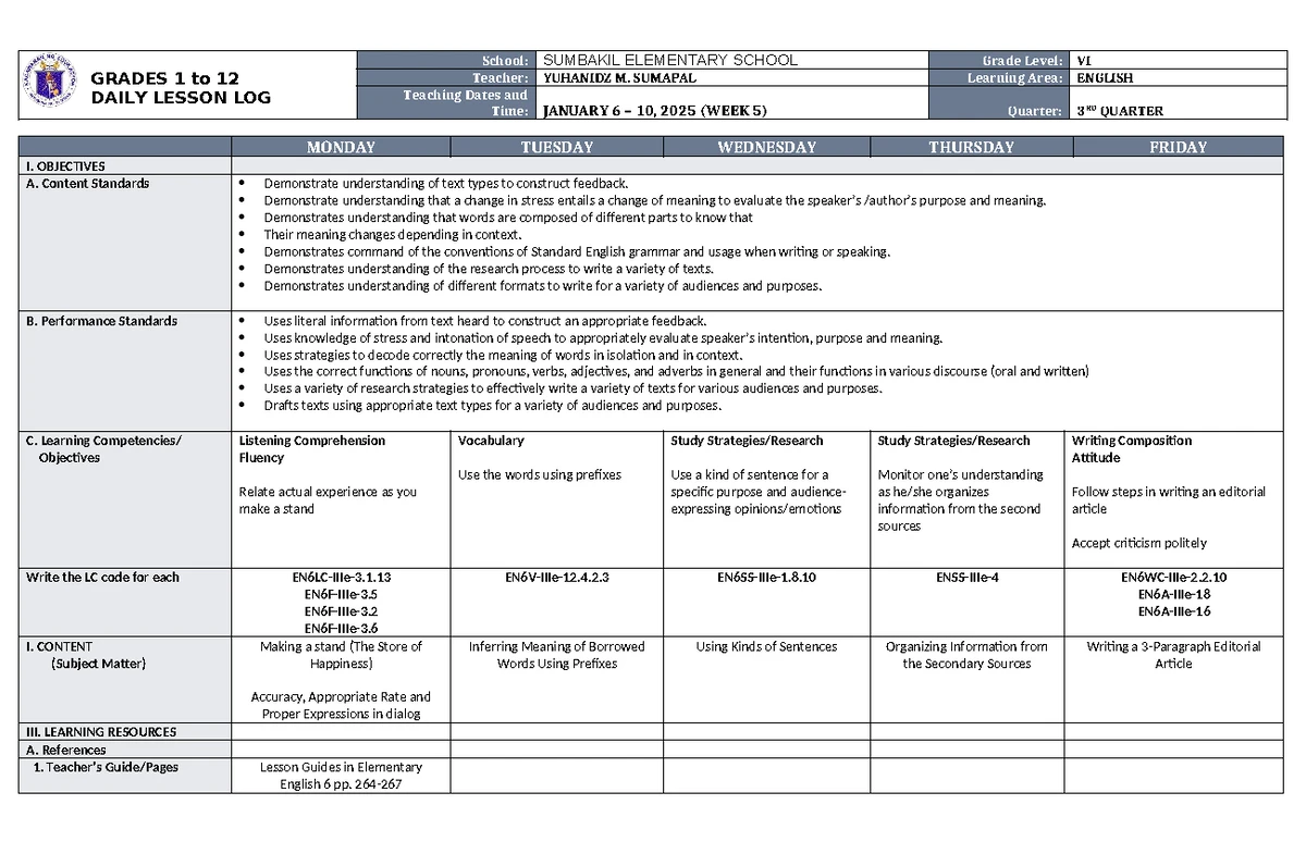 DLL English 6 Q3 W2: Daily Lesson Log for Grades 1-12 - Studocu