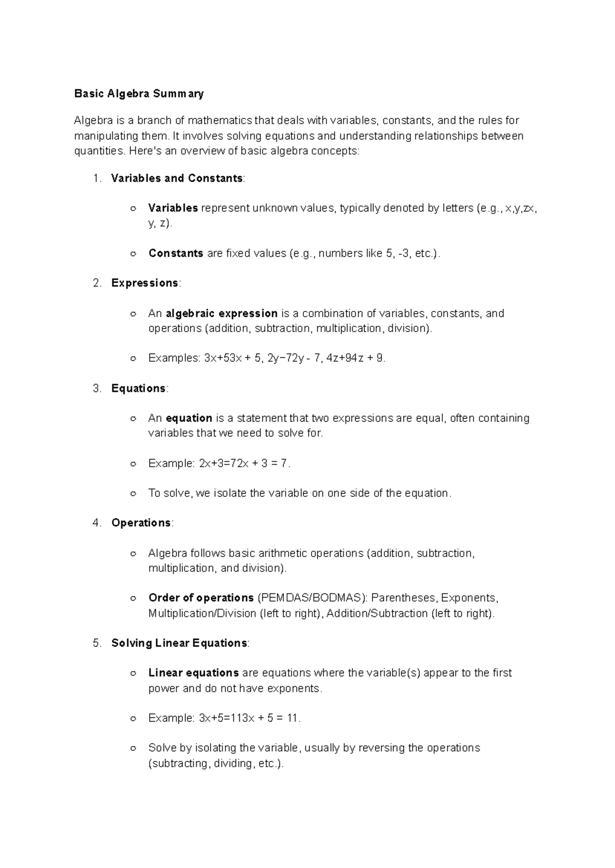 Basic Algebra Summary: Key Concepts and Techniques - Studocu