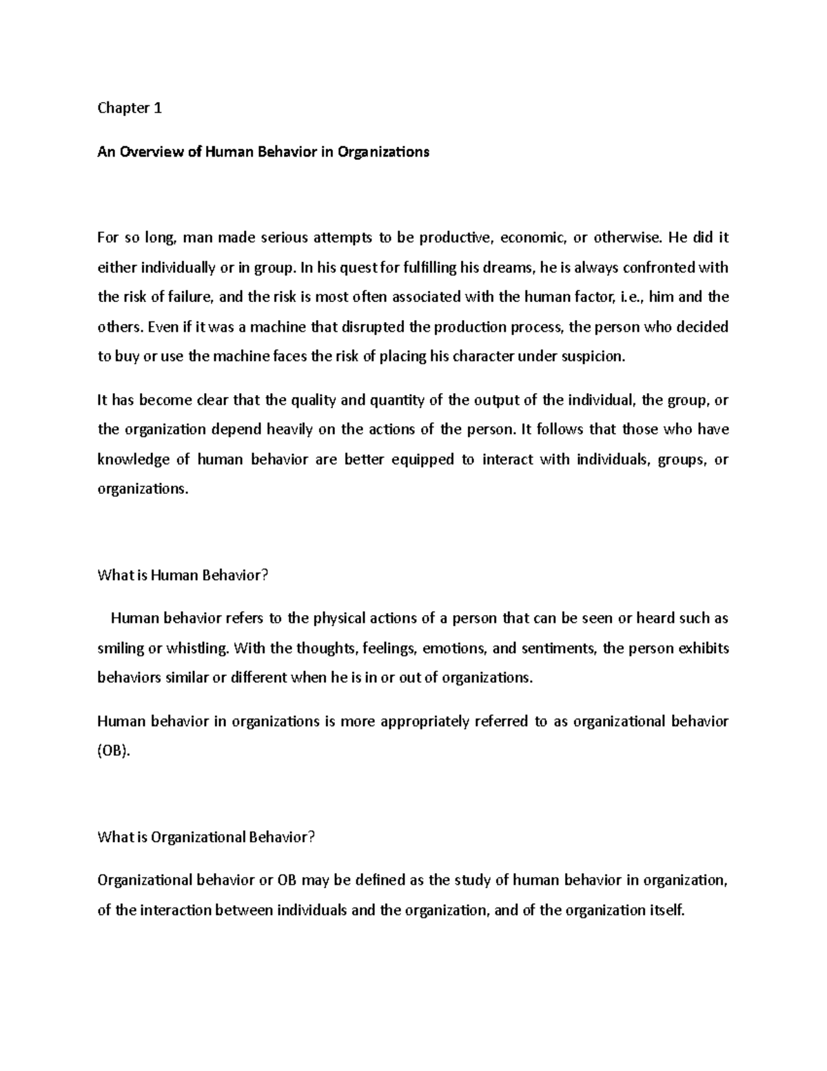 Chapter 1: Human Behavior in Organizations - An Overview - Studocu