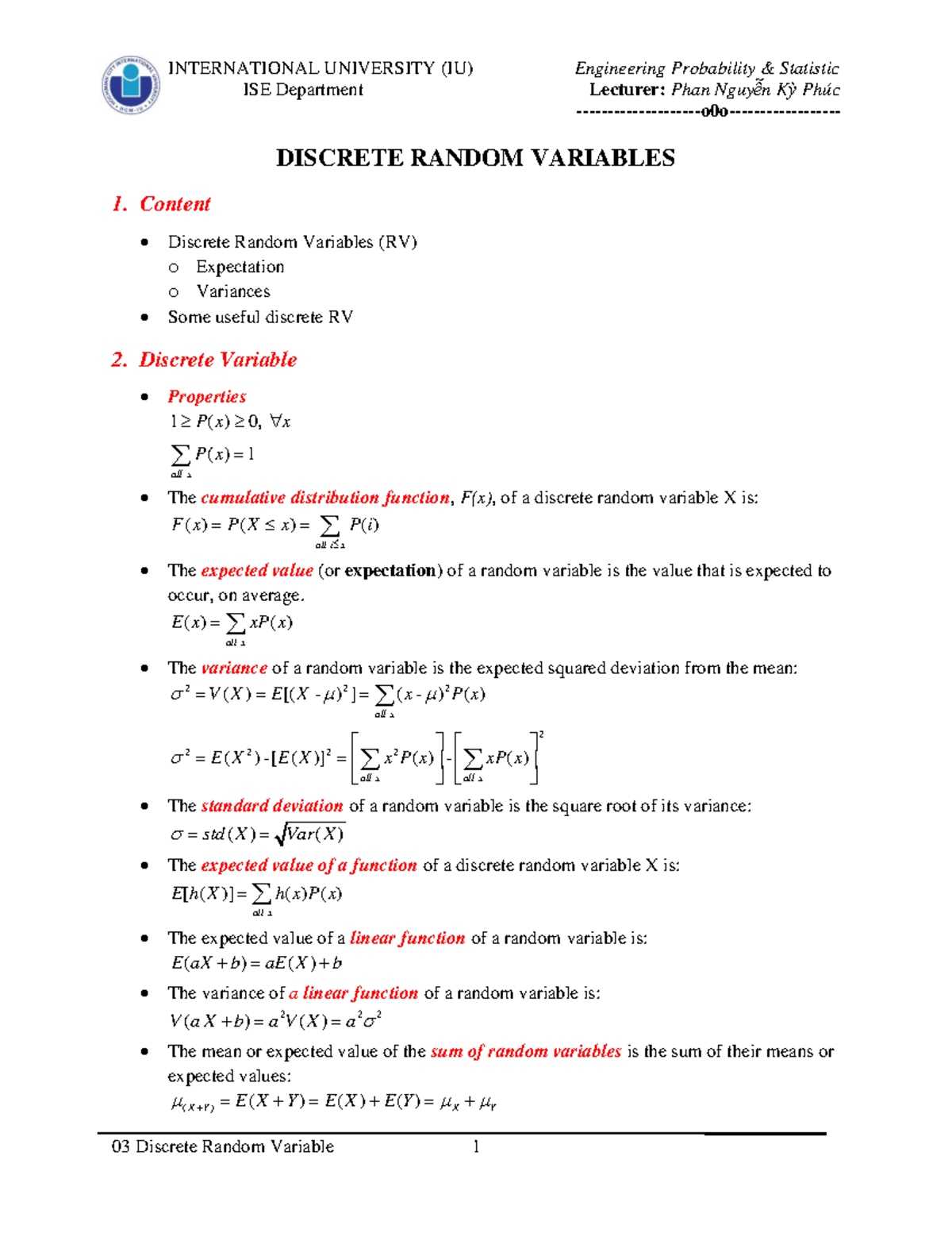 03 Discrete Variable - Probability and Statistics for Engineering - ISE ...